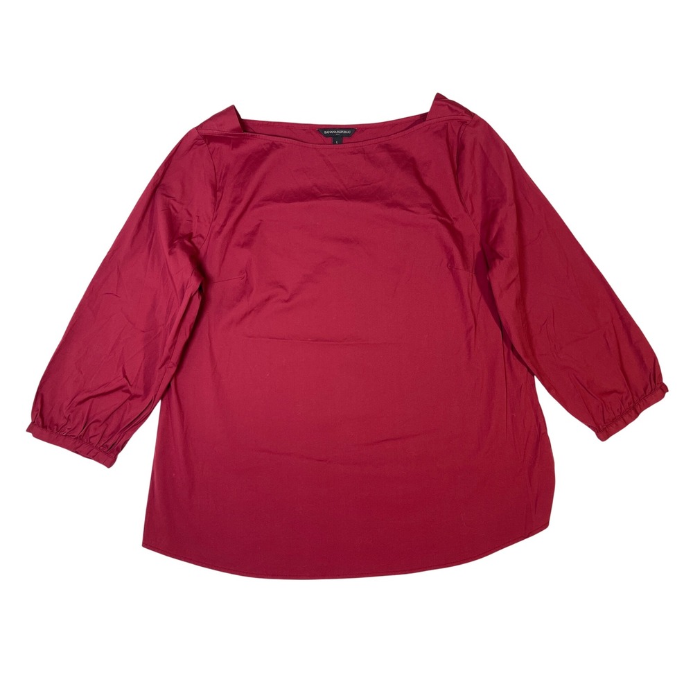 Banana Republic Womens Crimson‎ Red Boatneck 3/4 Puff Sleeve Poplin Blouse Large
